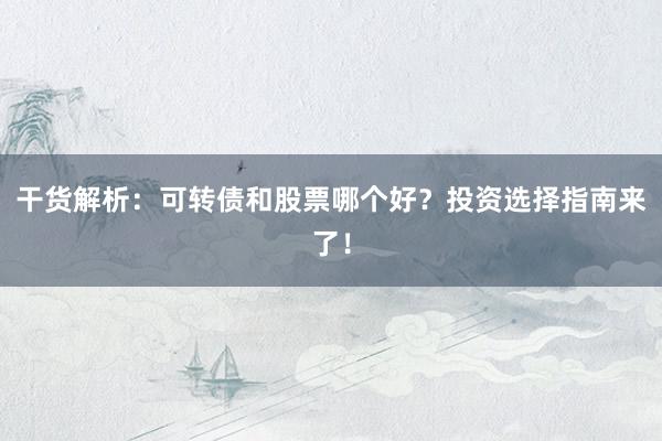 干货解析：可转债和股票哪个好？投资选择指南来了！